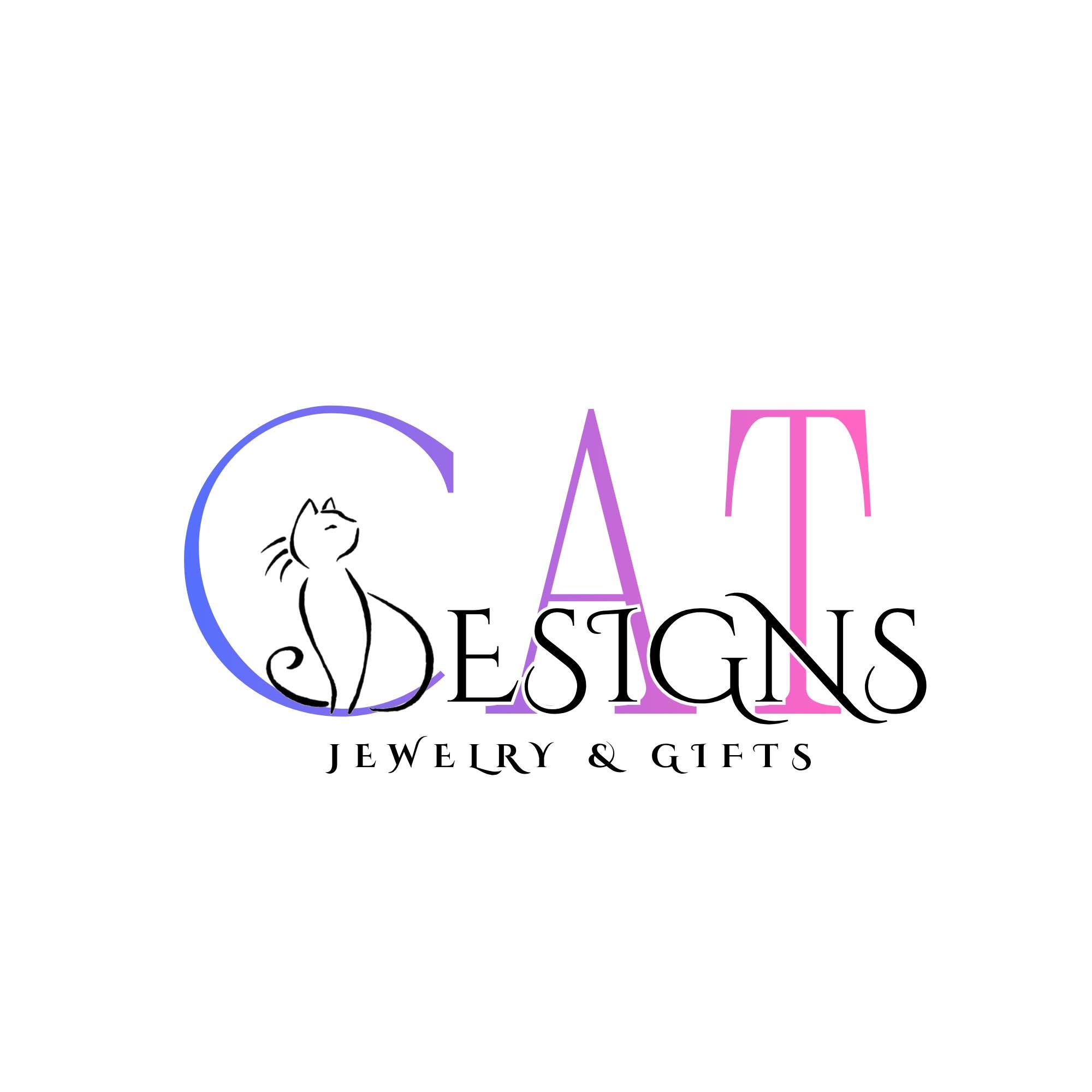 Logo with a cat illustration, stylized letters, and text for jewelry and gifts design business.
