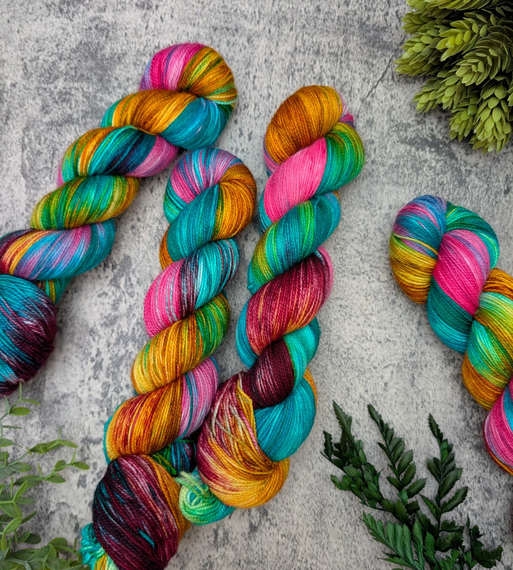 Colorful yarn skeins arranged on a gray surface with green plants nearby.