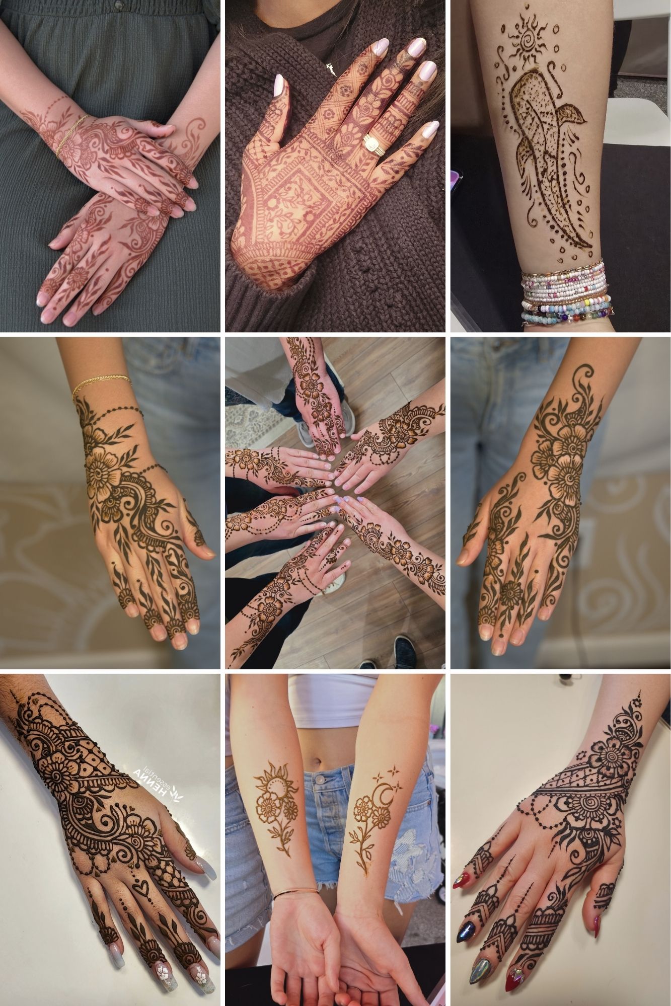 Collection of nine images showing various intricate henna designs on hands and arms, with some featuring jewelry and clothing details.