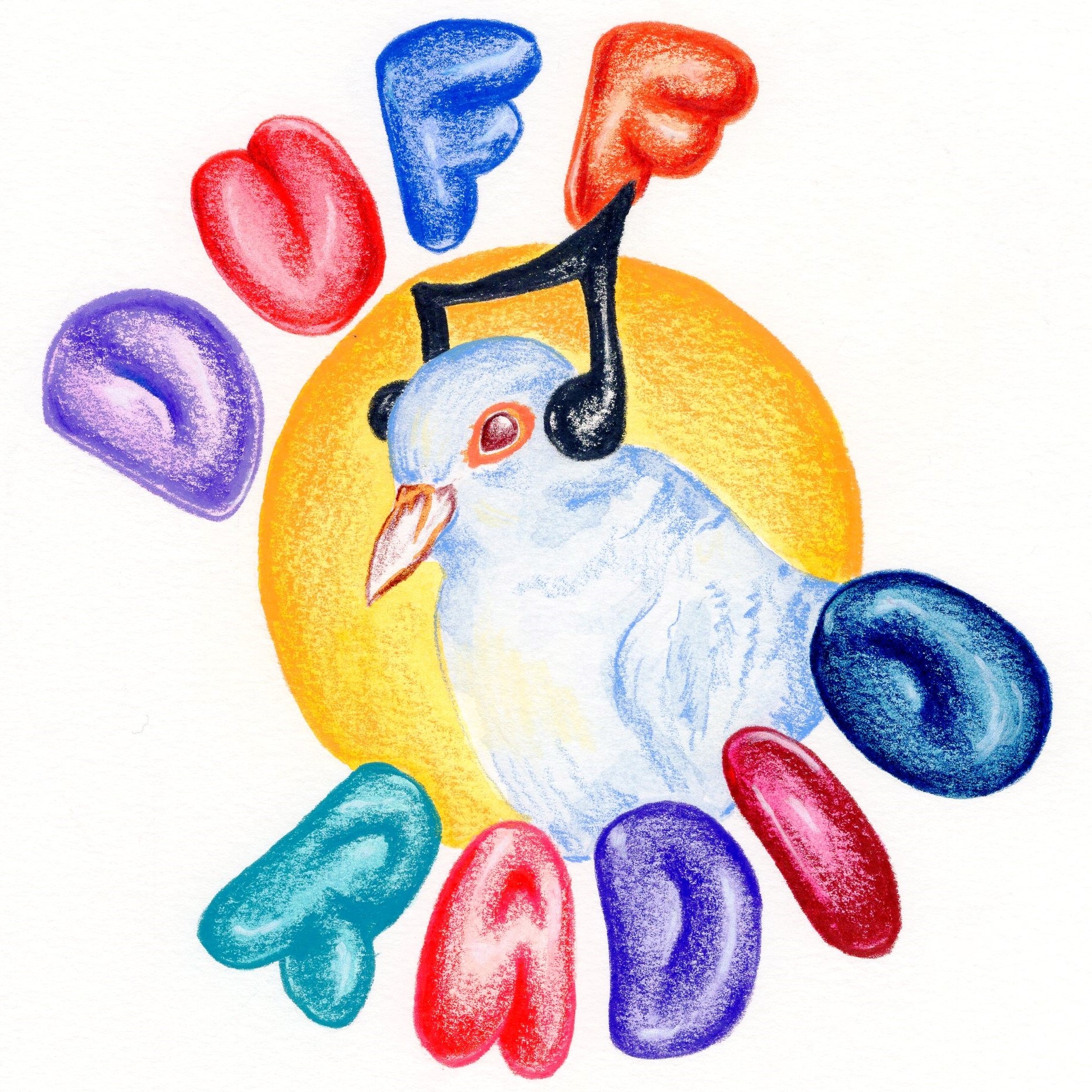 A white bird with a yellow background, surrounded by colorful letters spelling 'LOVE FOOD'.