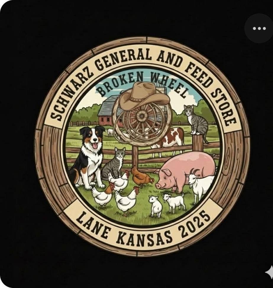 Circular emblem with farm animals, a wagon wheel, and a barn, with text about a store and event in Kansas.