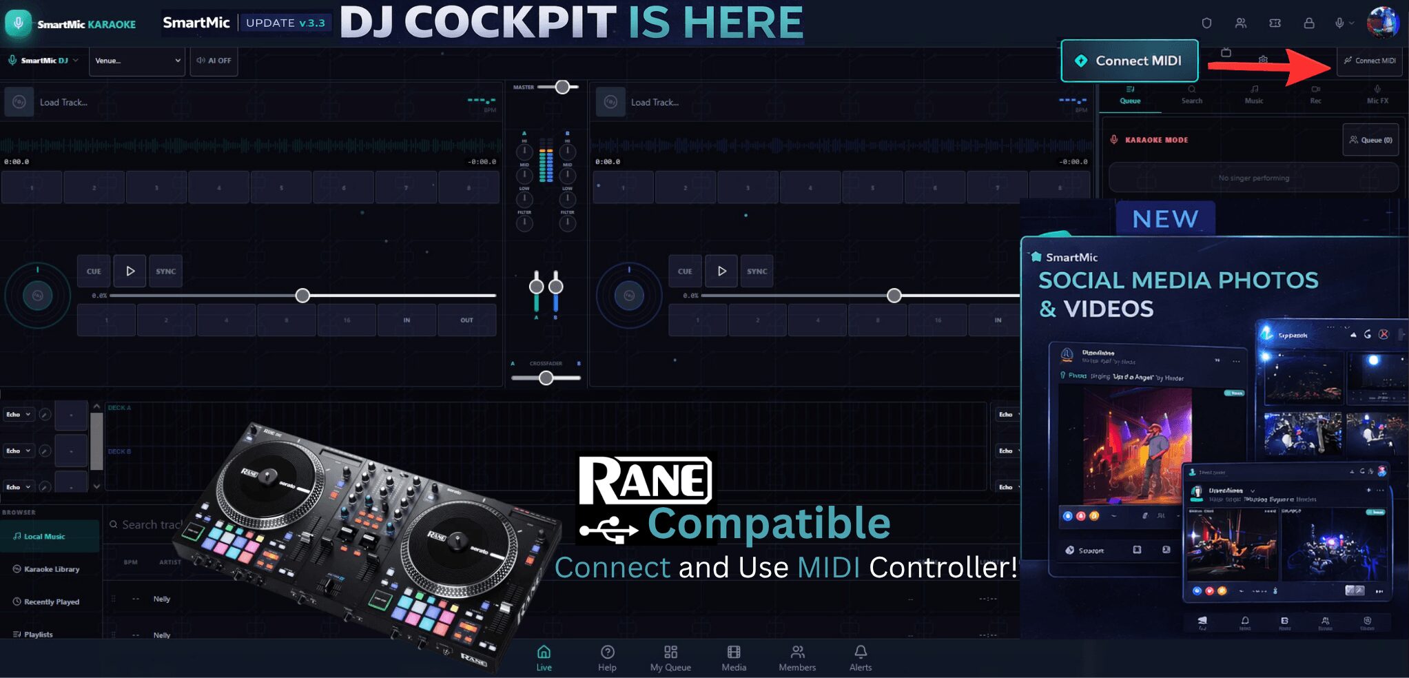 DJ software interface with controls, playlist, and social media photos, featuring a DJ controller at the bottom right corner.