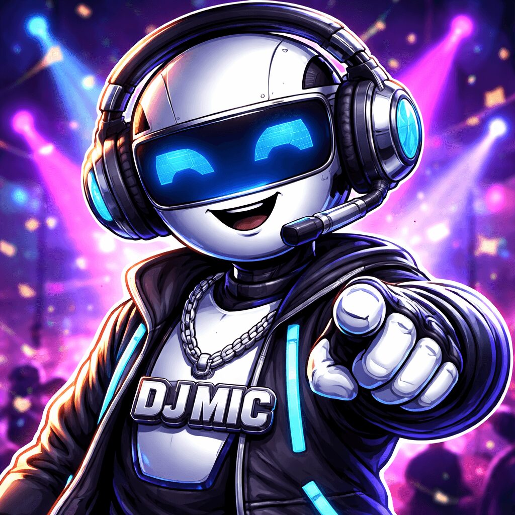 Robot with headphones and a DJMIC badge points forward, colorful stage lights in background, smiling face, futuristic style.