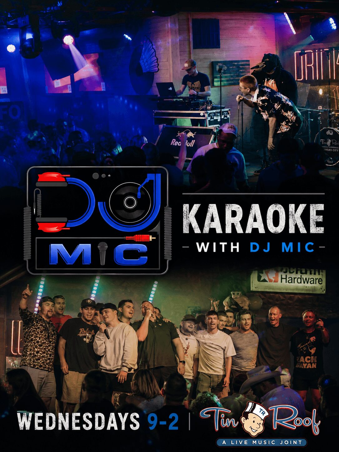 Live karaoke event with performers on stage and a group of people singing together in a venue.