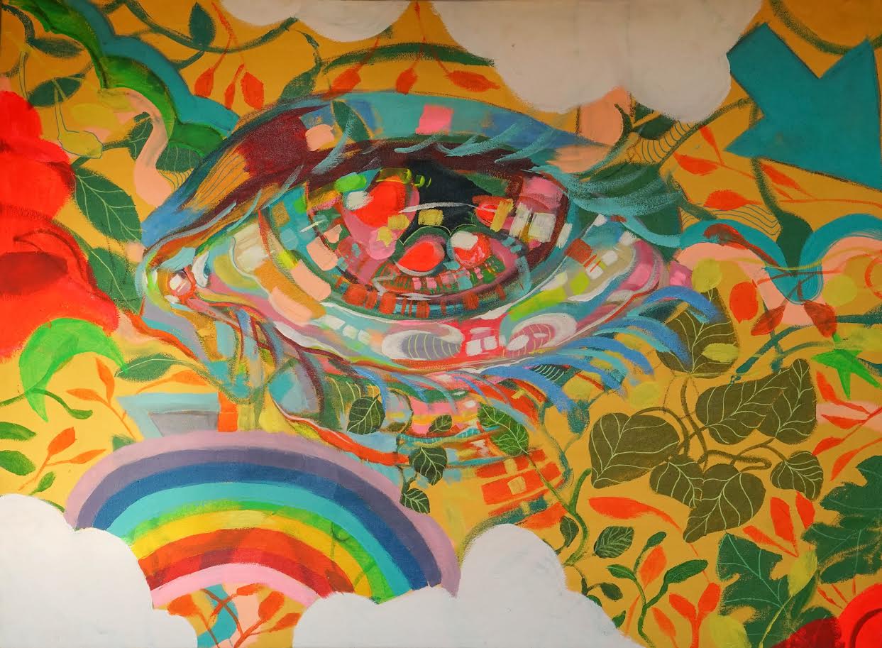 Colorful mural featuring an eye, rainbow, and abstract patterns with vibrant colors and floral elements.