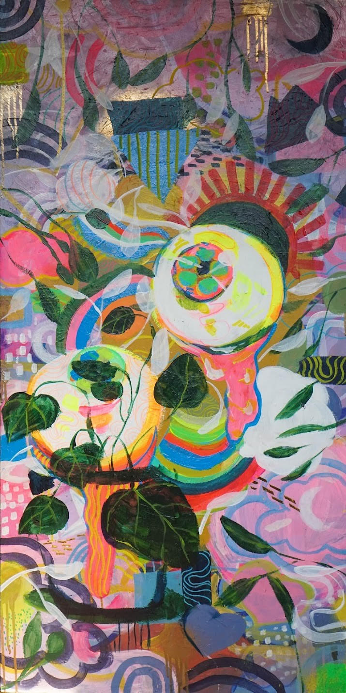 Colorful abstract painting with various shapes, lines, and patterns, including a central circular element and plant-like forms.