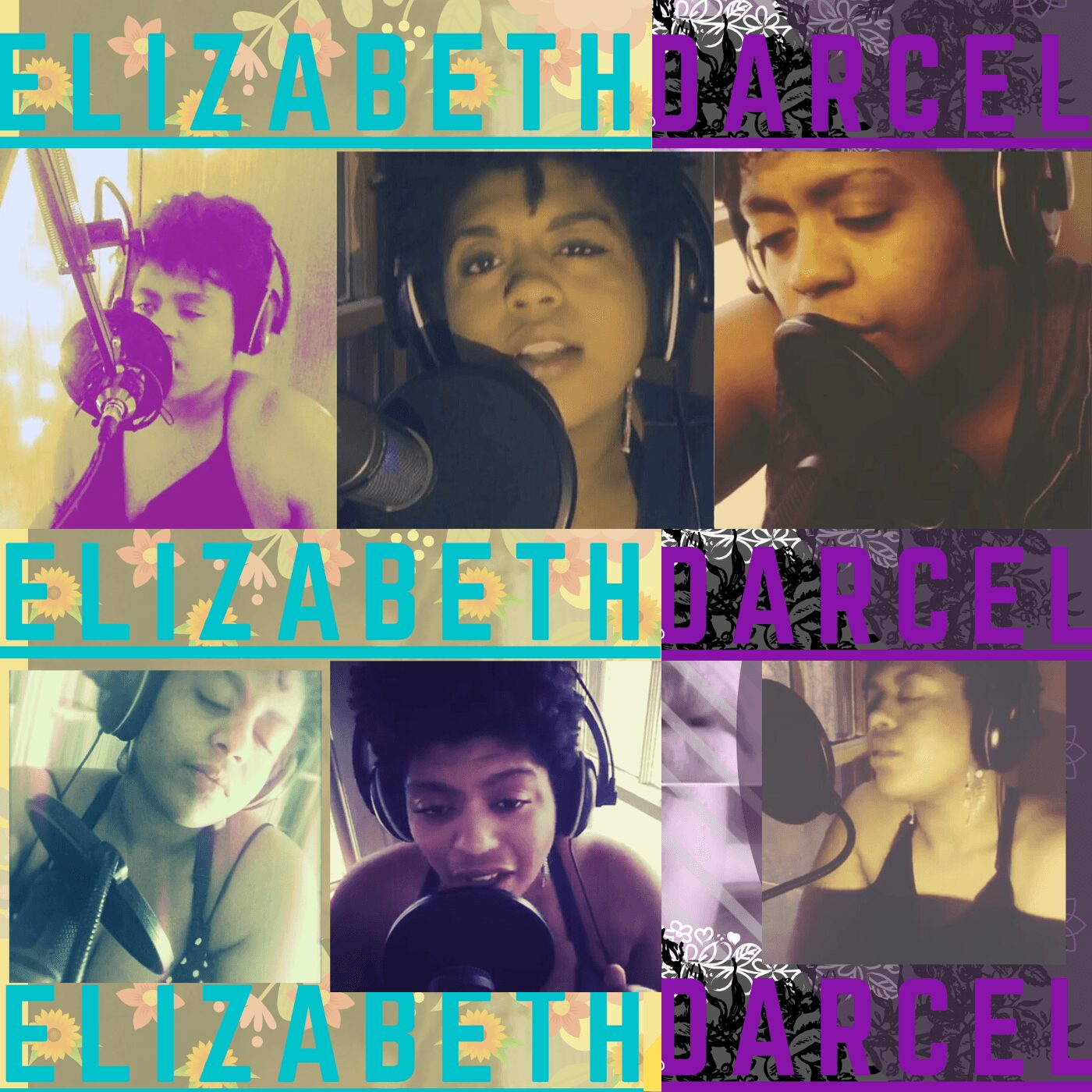 Six children in recording studios, some wearing headphones, speaking or singing into microphones, with colorful text overlays reading Elizabeth and Darcel.