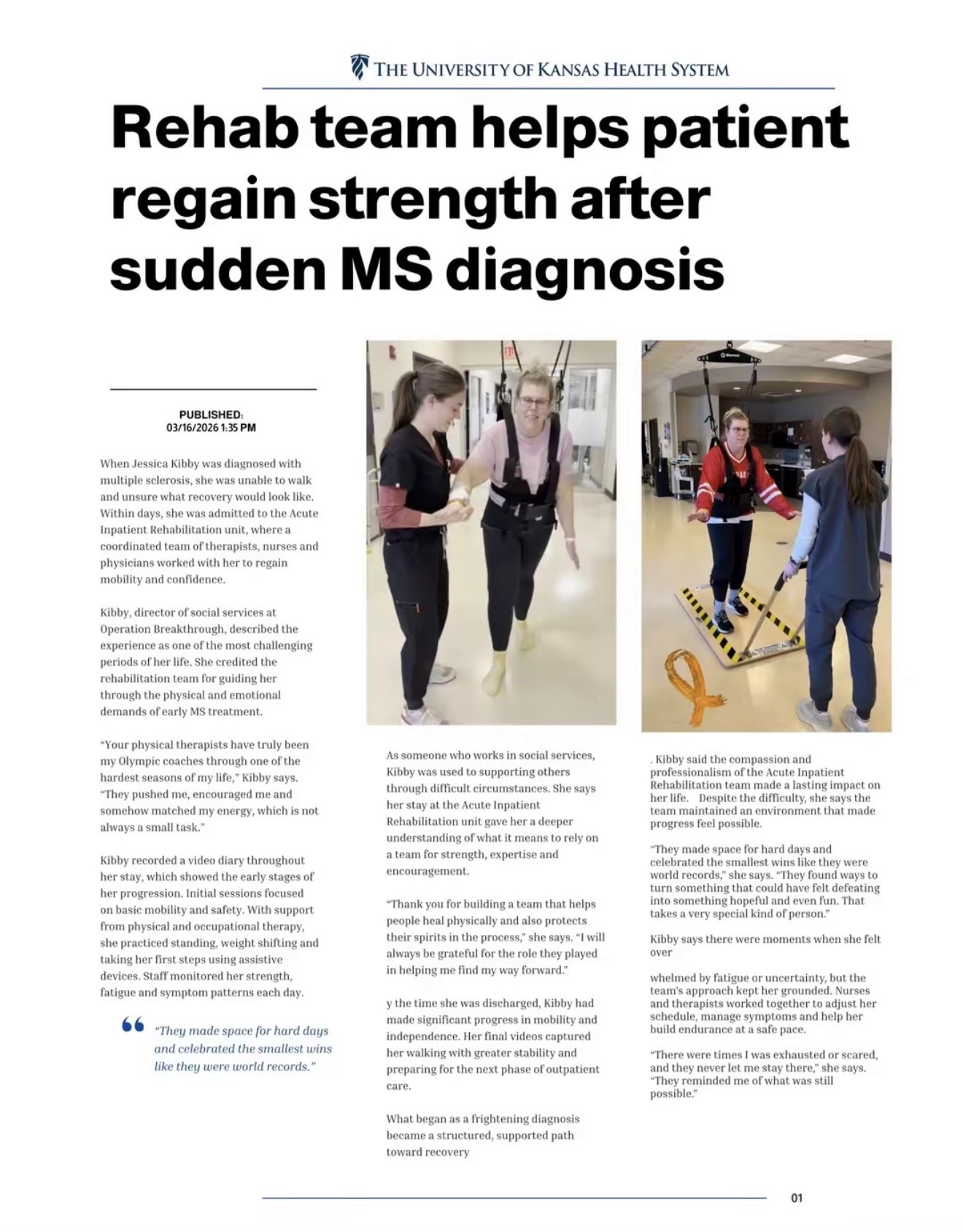 Two women walk with a cane and a walker in a medical setting, with a healthcare professional nearby. Text discusses rehab team helping MS patient.