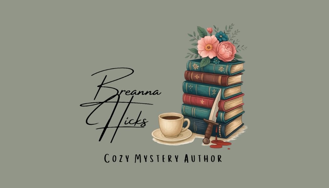 Stack of books with flowers on top and a cup of coffee, with text 'Breanna Hicks' and 'Cozy Mystery Author'.