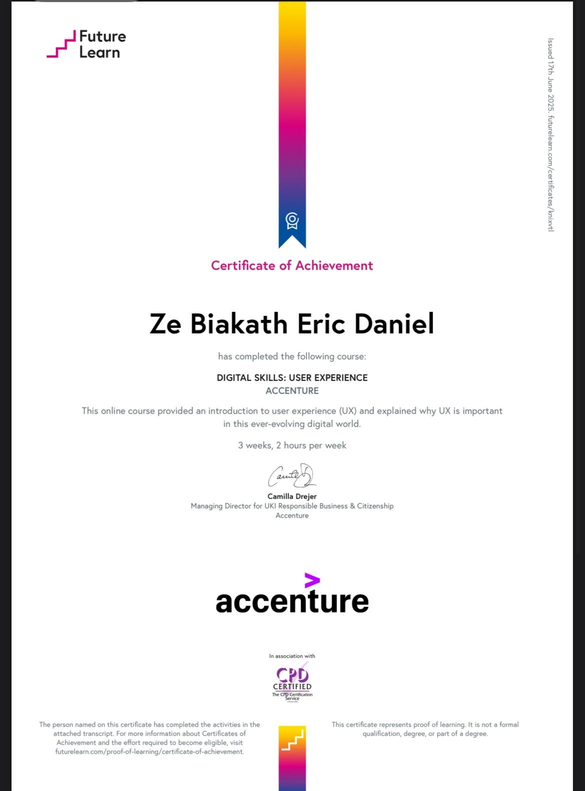 Certificate of achievement awarded to Ze Biakath Eric Daniel by Future Learn and Accenture for completing a digital skills course.