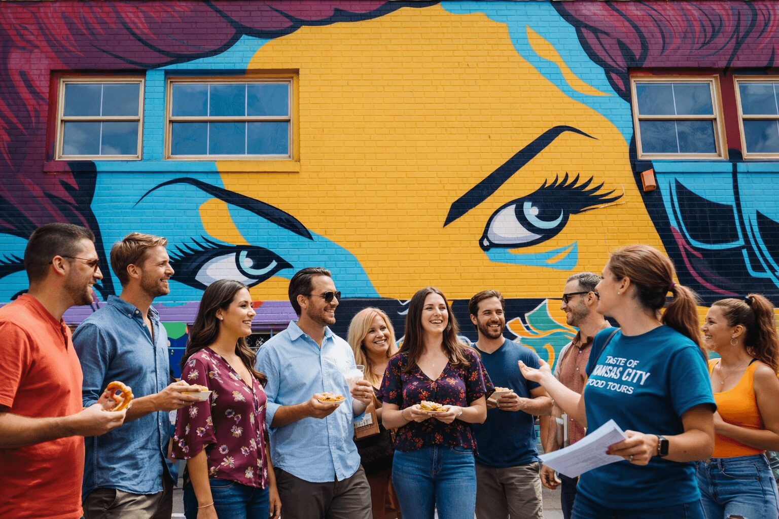 Group of people standing outdoors in front of a colorful mural of a woman's face, talking and smiling.