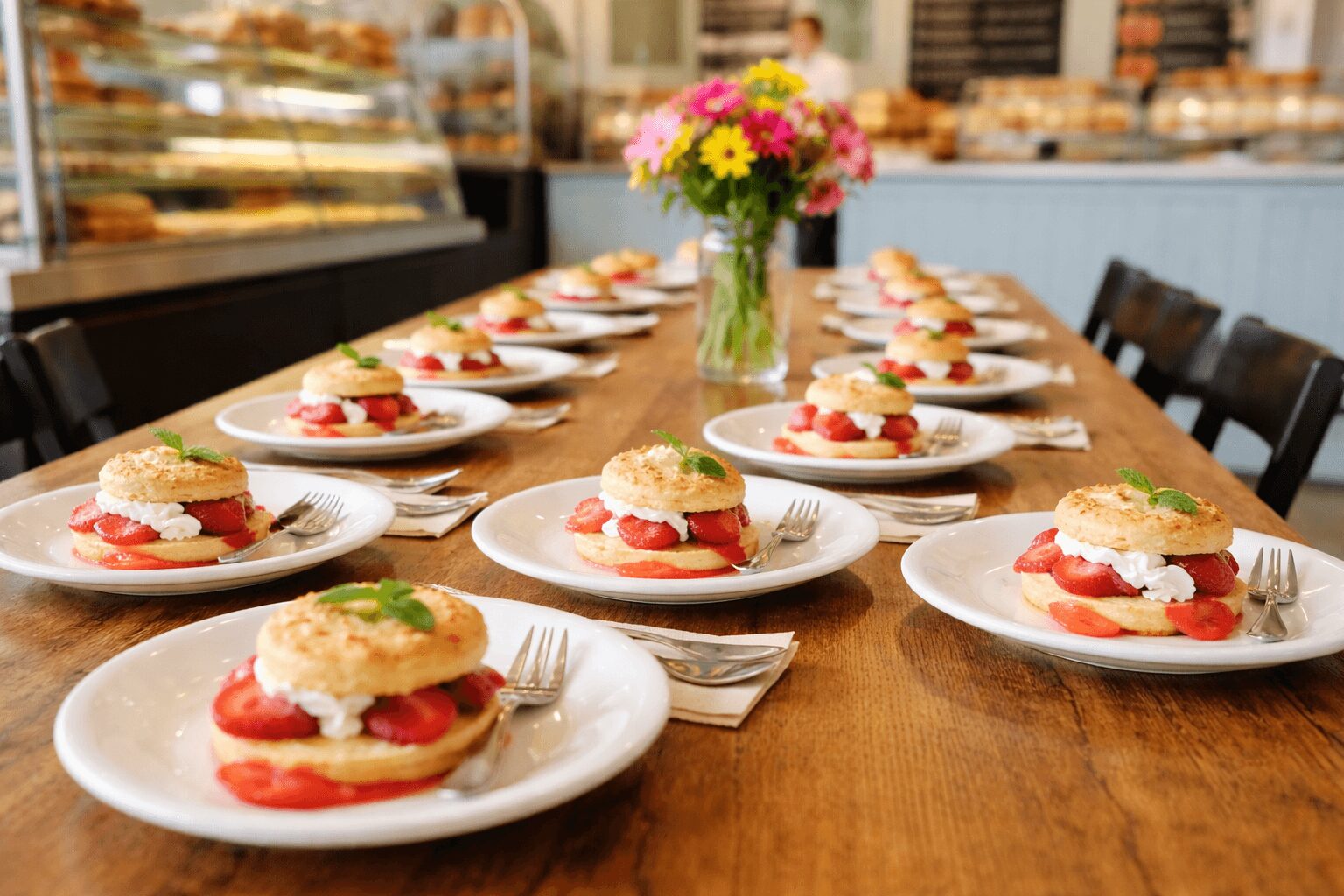 A long wooden table set with white plates, each holding a dessert with strawberries and cream, and a vase of pink and yellow flowers in the background.