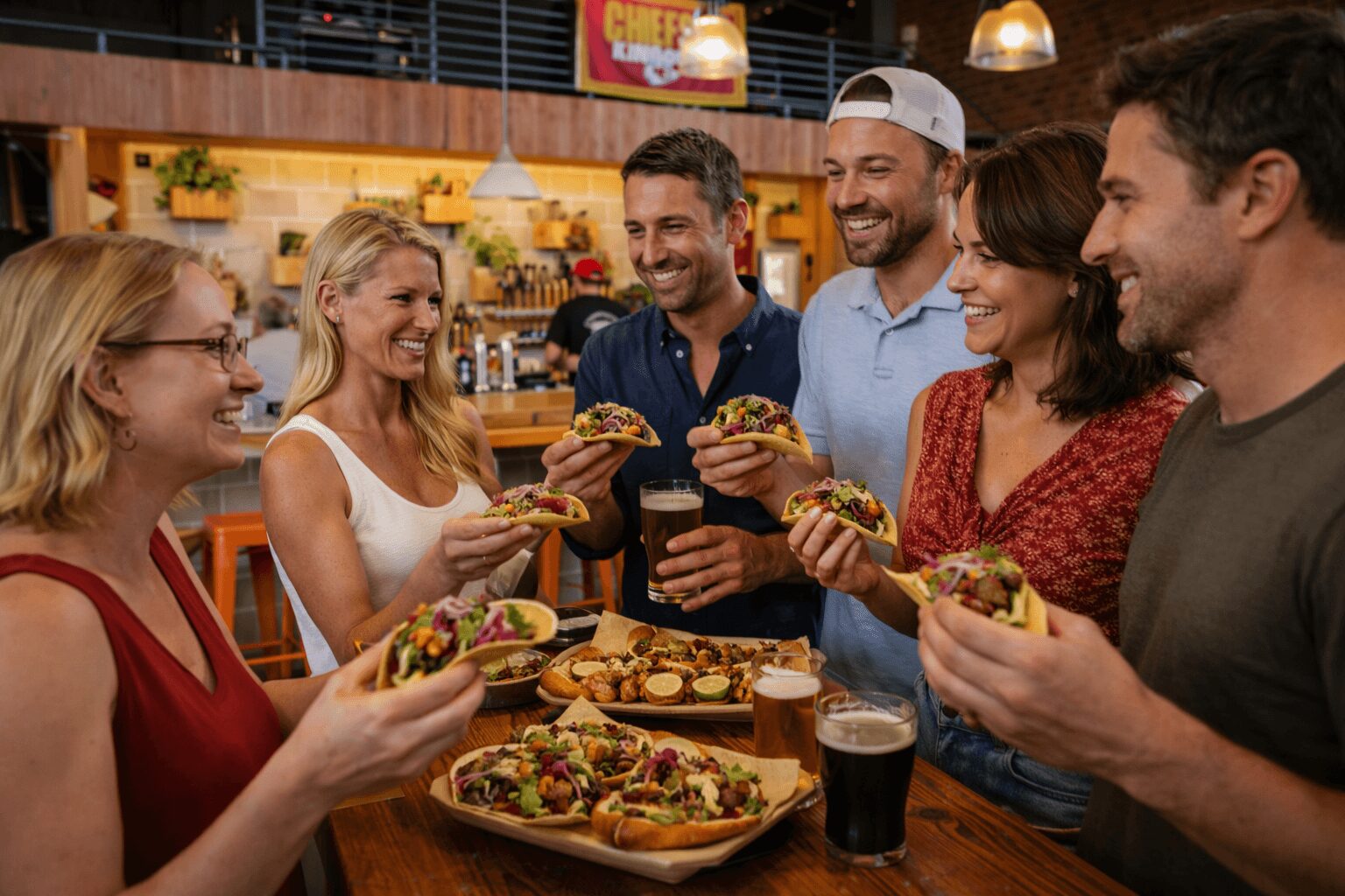 Group of six people enjoying food and drinks at a restaurant bar, smiling and talking.