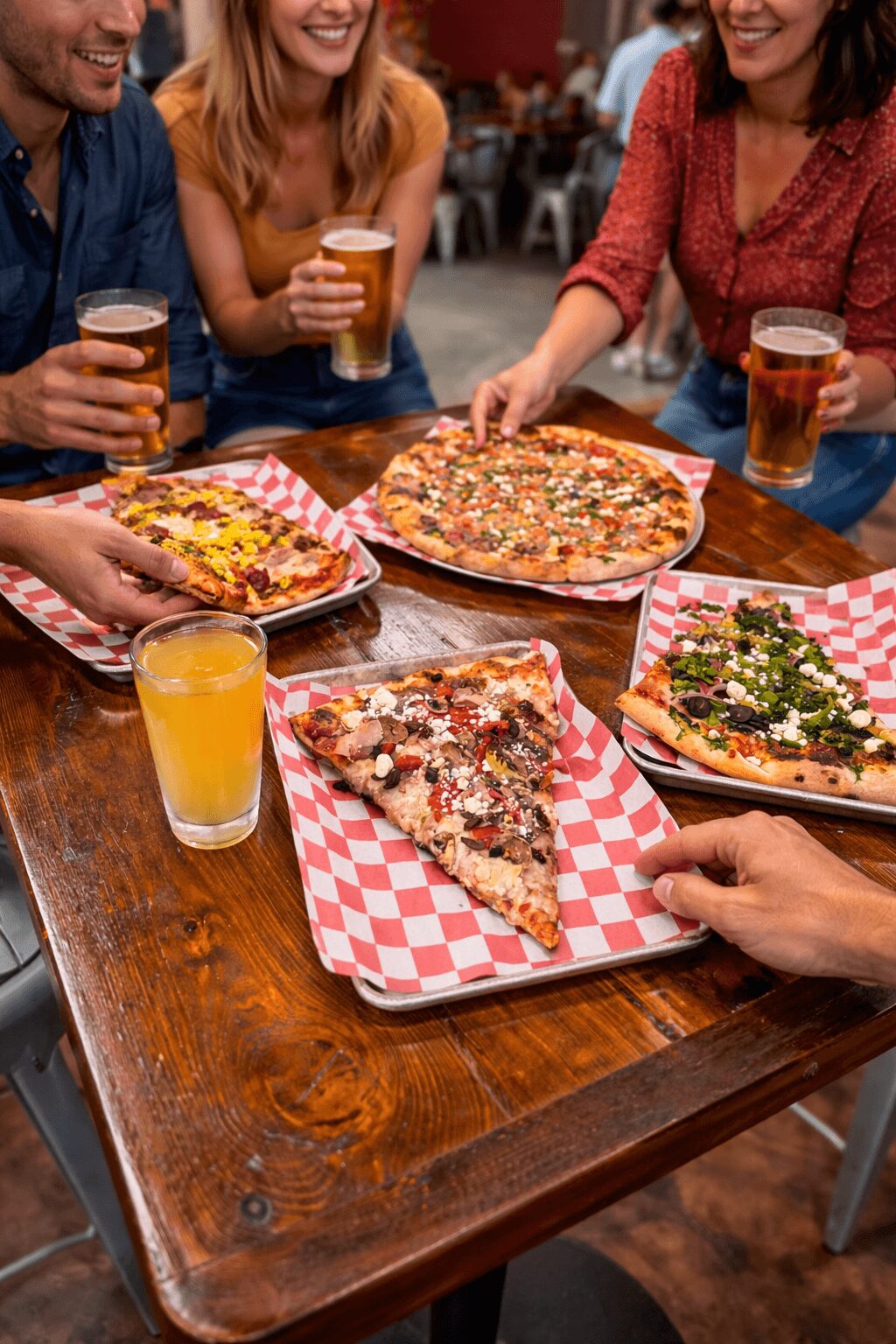 People enjoying pizza and drinks at a wooden table in a lively setting.