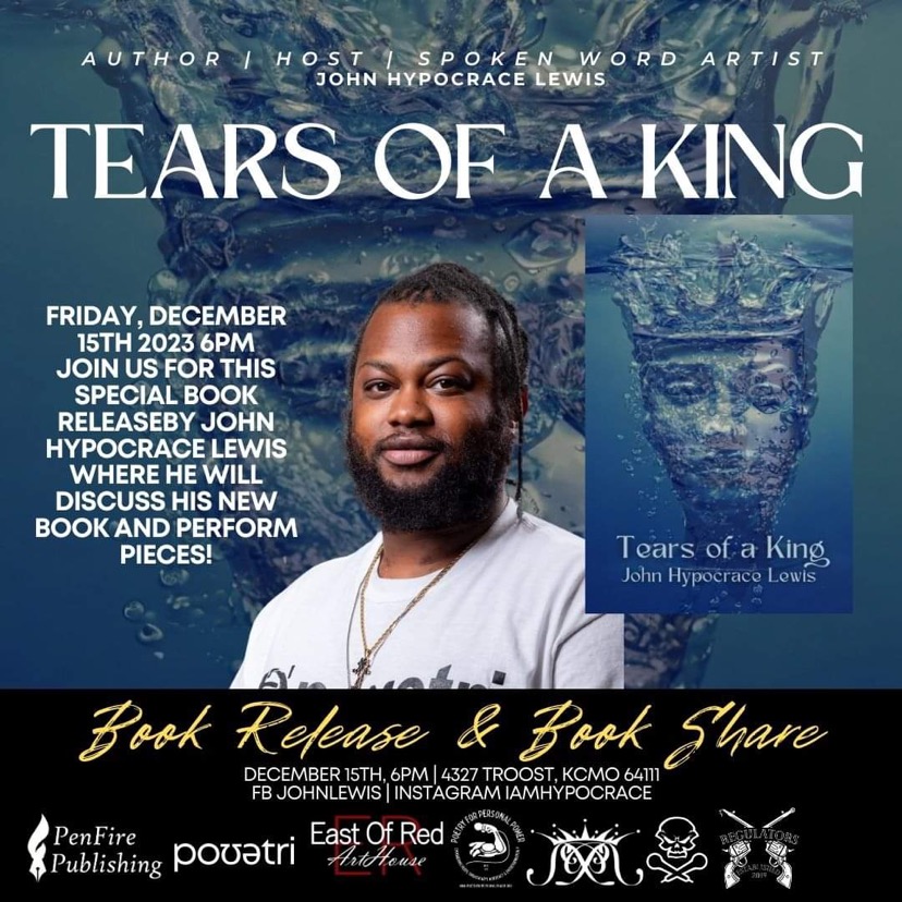 Promotional poster for book release event featuring author John Hypocraze Lewis, with event details and a book cover image.