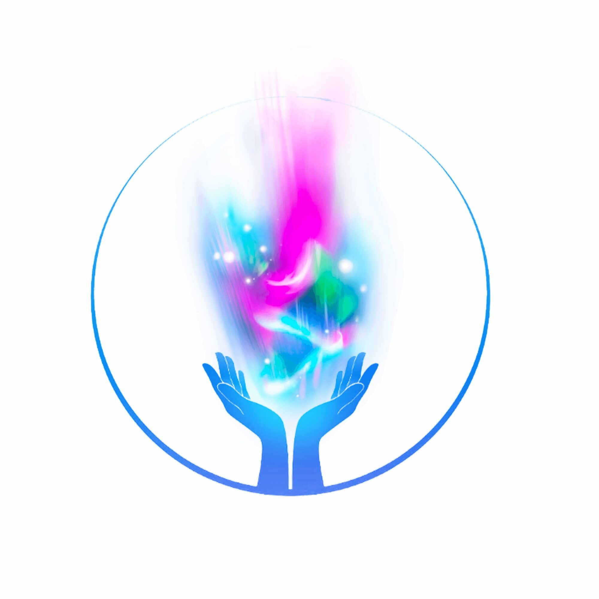 Two blue hands hold colorful, glowing energy with pink, blue, and green hues, surrounded by a thin circle, on a white background.
