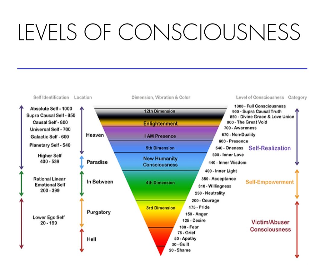Diagram showing levels of consciousness with a color gradient from red to green, labeled with descriptions and categories.