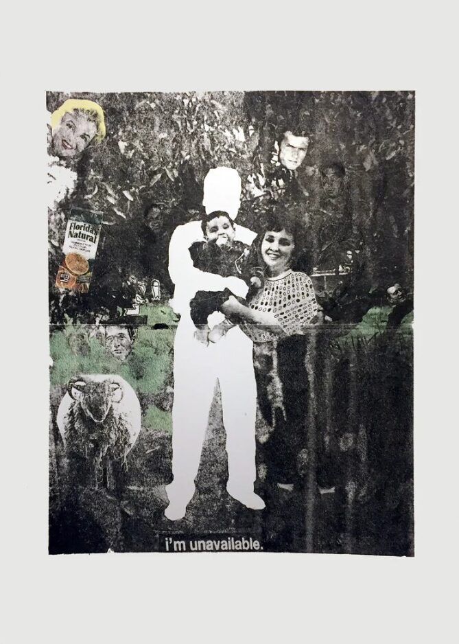 Group of five people, one holding a child, standing outdoors with trees in background. Text reads 'I'm unavailable.'