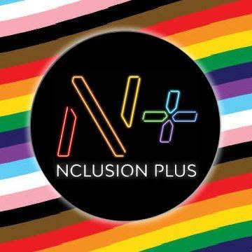 Logo with neon-style symbols and text 'NCLUSION PLUS' on a rainbow-striped background.