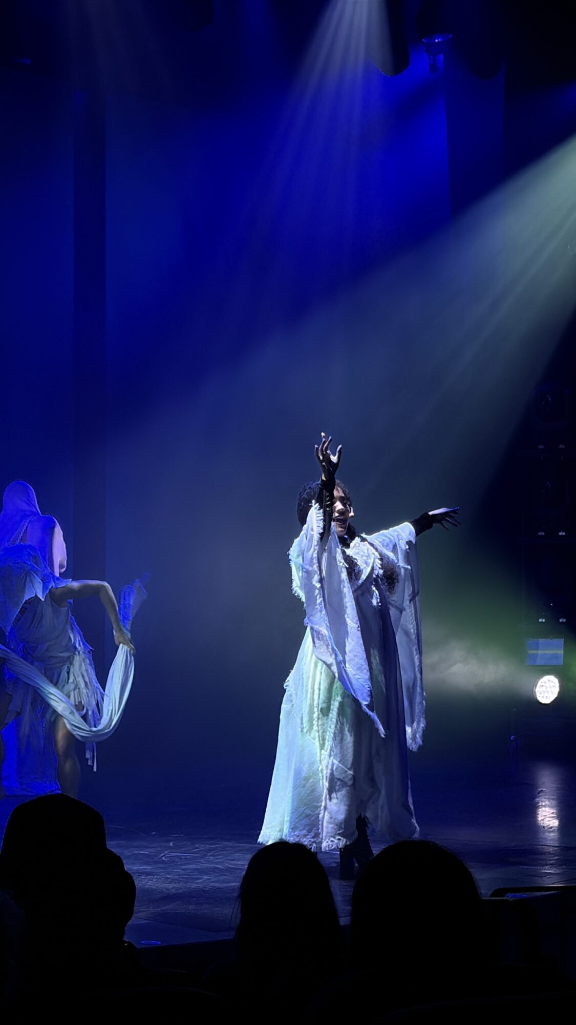 Performer in white costume on stage with blue and white lighting, arms raised, audience silhouettes visible.