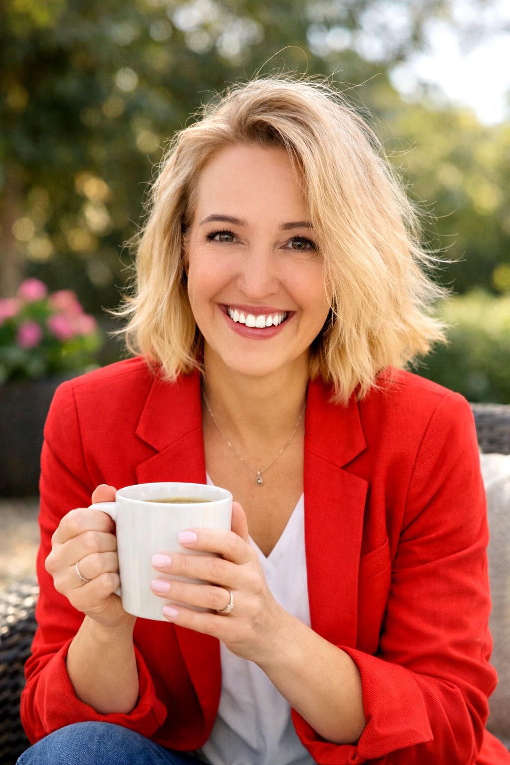 Woman smiling outdoors holding a white mug, wearing a red blazer and white top, with trees and flowers in background.