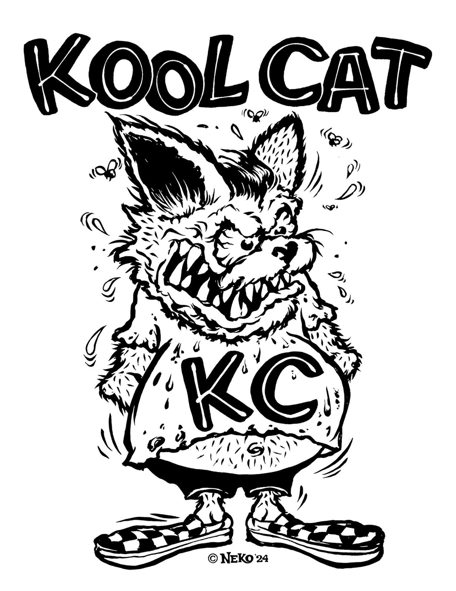 A cartoon cat with sharp teeth, wearing a dress with 'KC' on it, standing on flip-flops, with 'KOOL CAT' above.