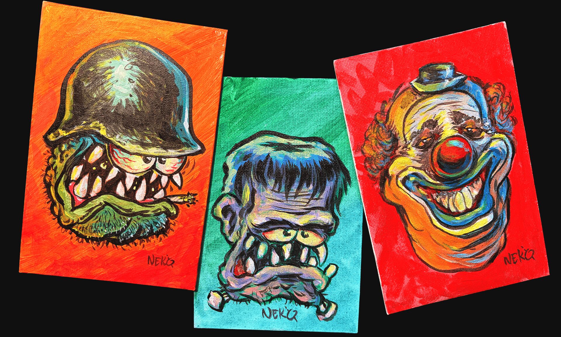 Three colorful cartoon monster illustrations on paper, each with exaggerated features and bright backgrounds.