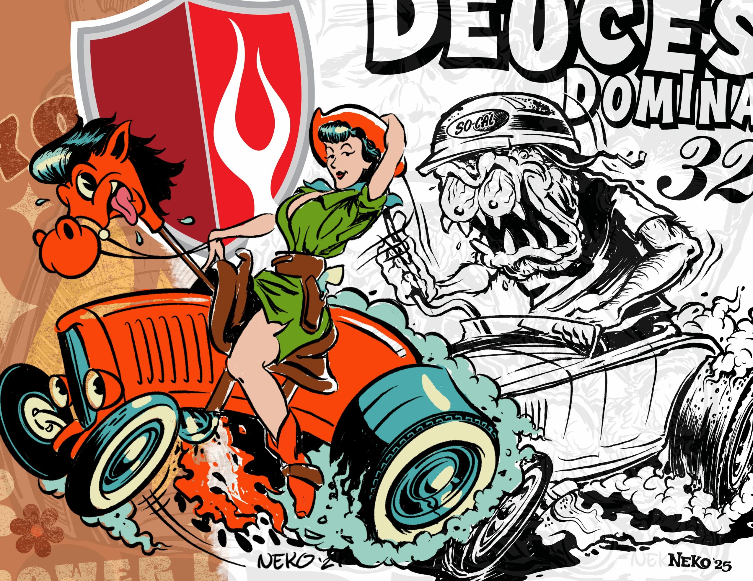A cartoon woman in green dress driving a tractor with a horse head on the side, splashing mud, with black and white comic-style background.