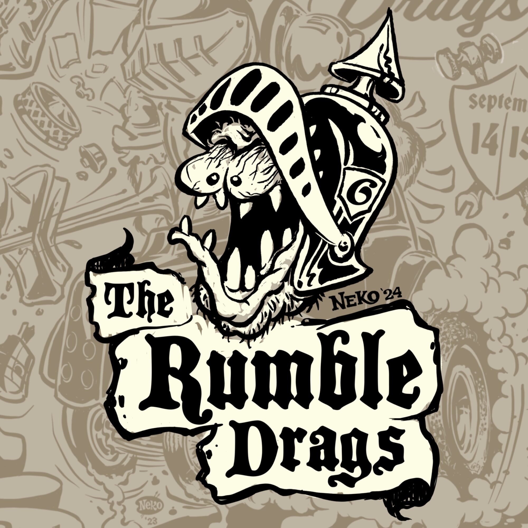 A cartoon dragon wearing a knight's helmet and armor, holding a shield, with text 'The Rumble Drags' in a stylized font.