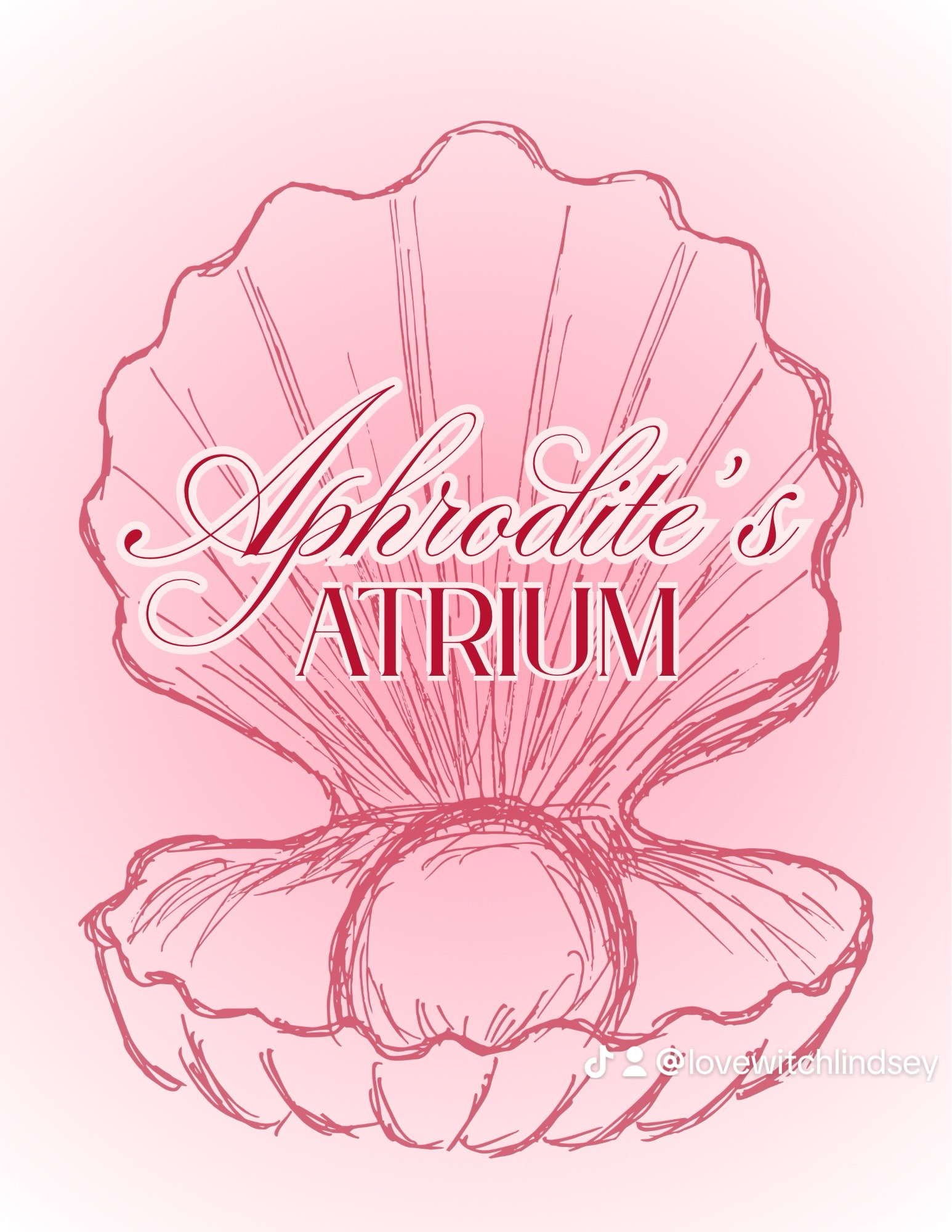 Sketch of an open seashell with text 'Aphrodite's ATRIUM' in elegant script, pink background.