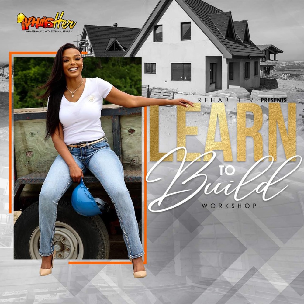 Smiling woman sitting on a vehicle, pointing to a house, with text about a workshop to learn building skills.