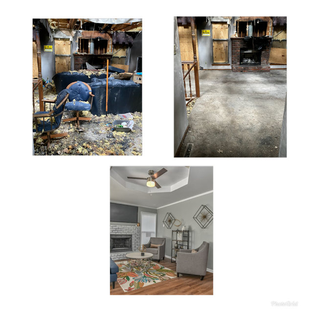 Three images: burnt kitchen, cleaned kitchen, and renovated living room with furniture and decor.