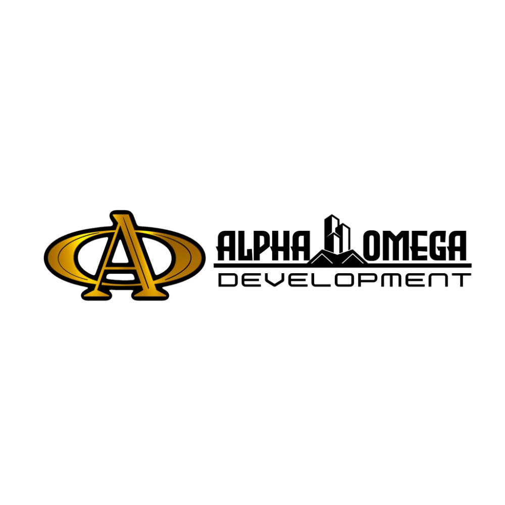 Logo with a stylized letter A surrounded by a gold ring, and the text 'ALPHA OMEGA DEVELOPMENT' in black.