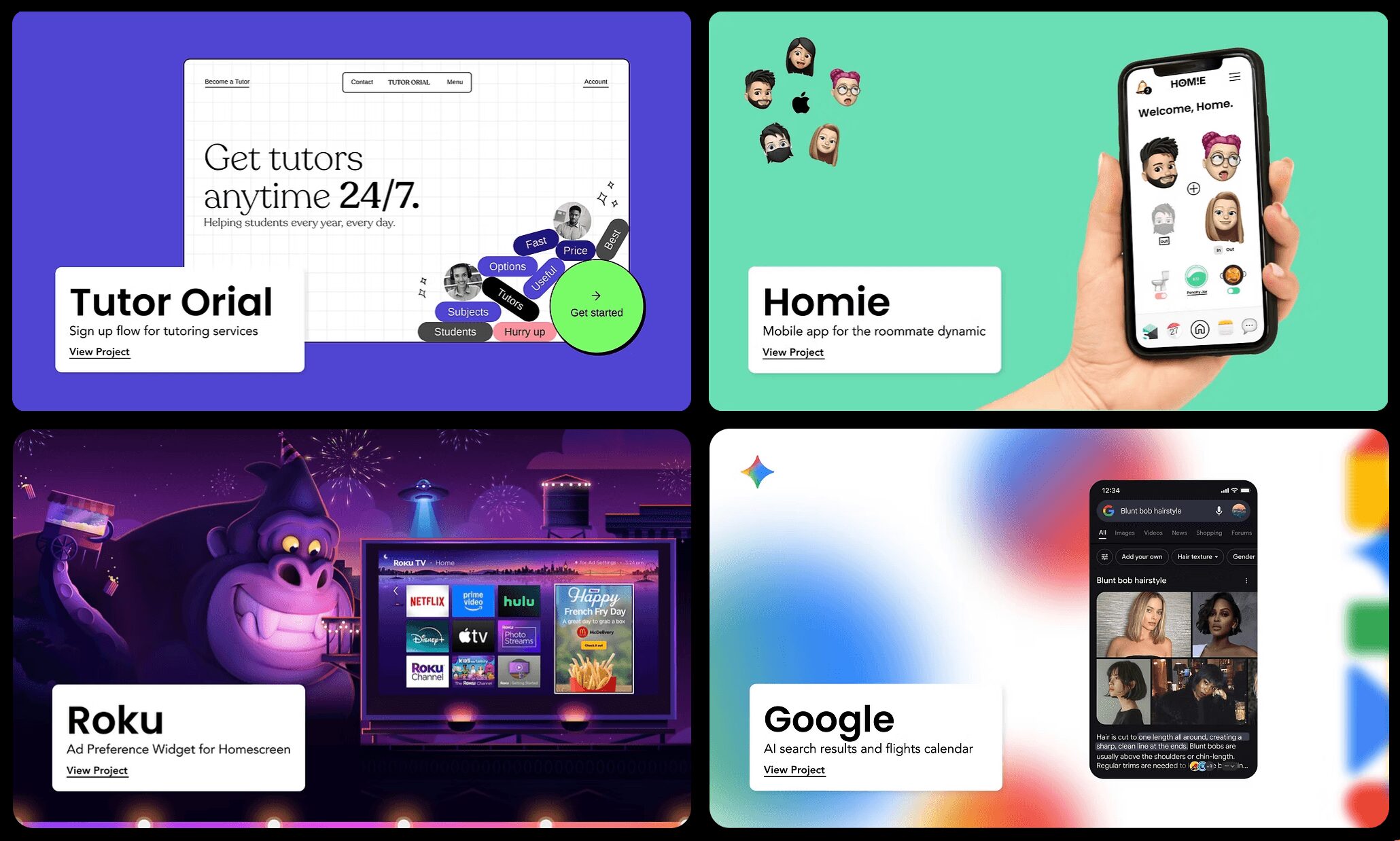 Four digital screens displaying tutoring, home, Roku, and Google interfaces, with colorful backgrounds and devices. Alt text word count: 37.