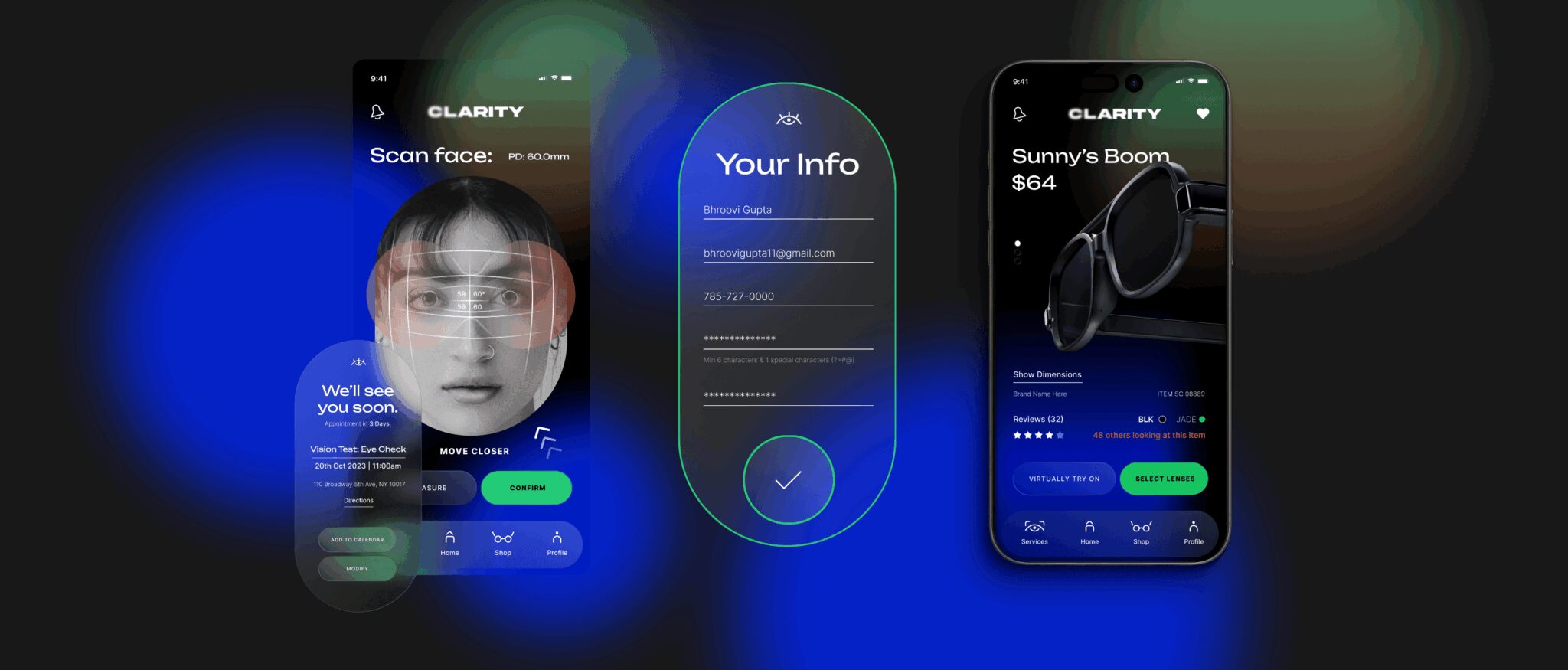 Three smartphone screens display app interfaces with a person's face, text, and product images against a dark background.