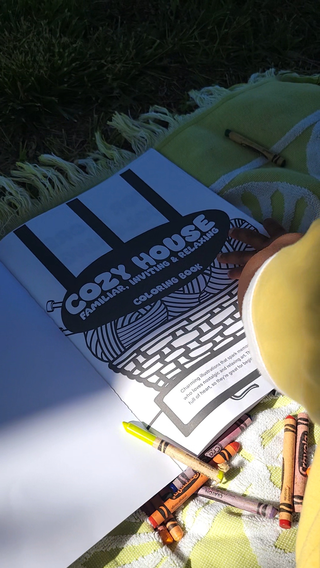 Book titled 'Cozy House' on a blanket with crayons and a yellow object nearby, outdoors on grass.