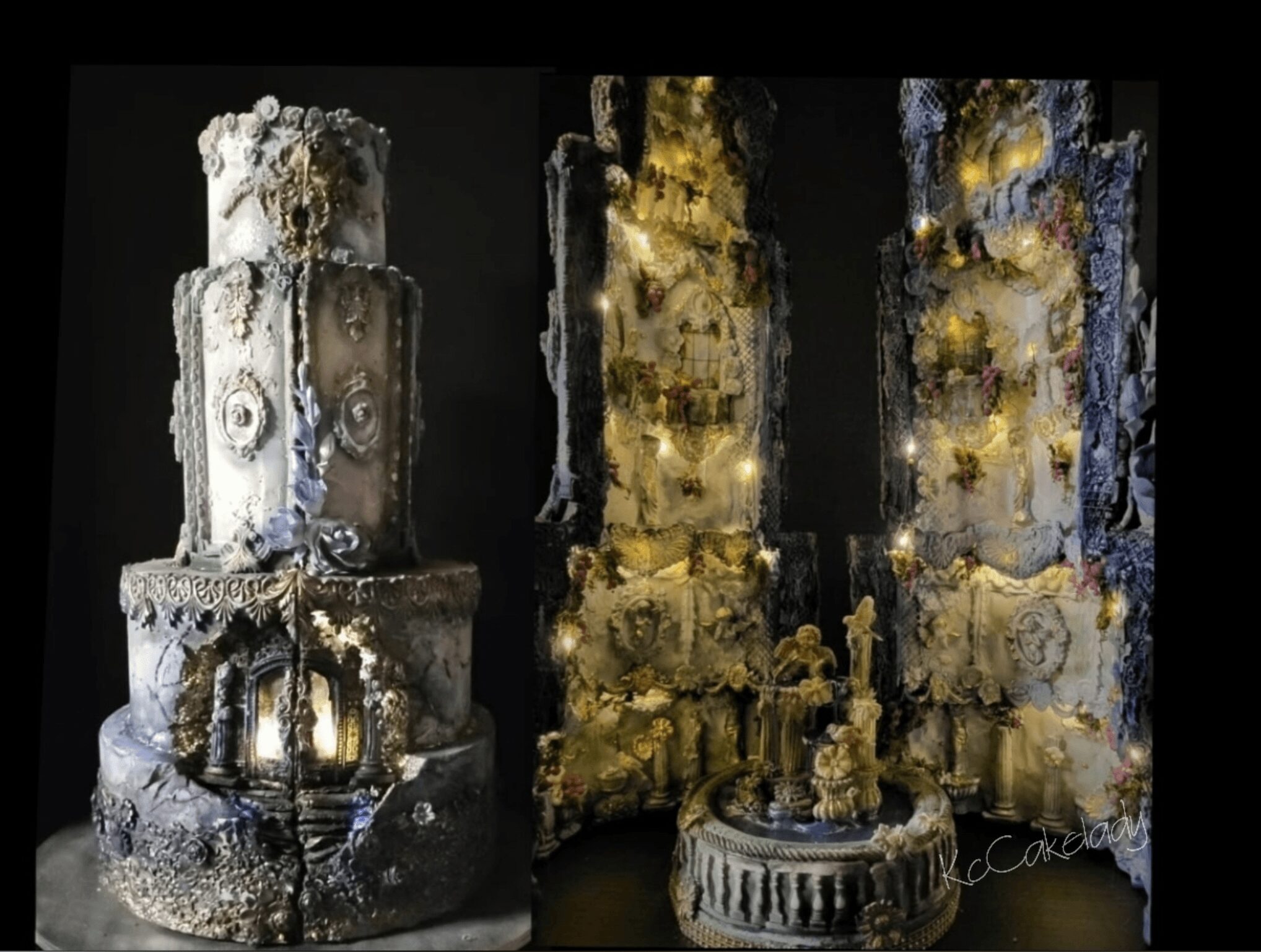 Three ornate, decorated cakes with intricate designs and embellishments, displayed against a dark background.