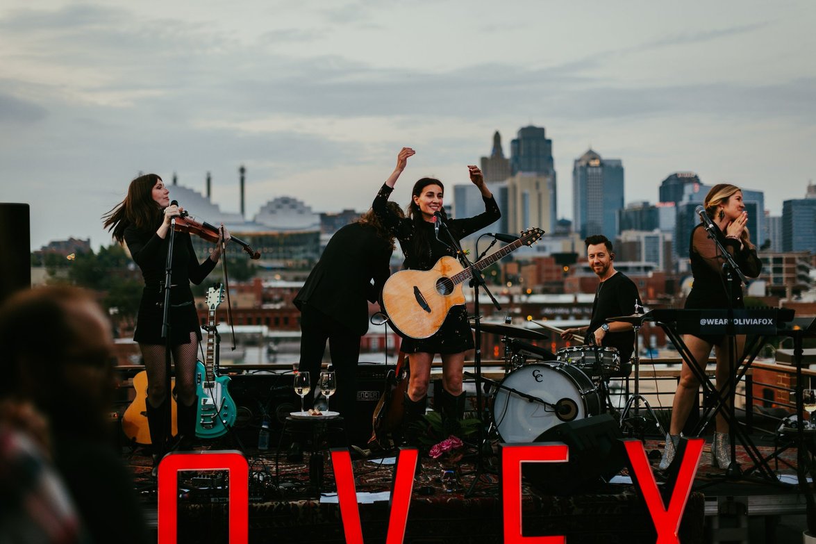 Band performing on rooftop with city skyline in background, singer with guitar, other musicians playing instruments, cloudy sky.