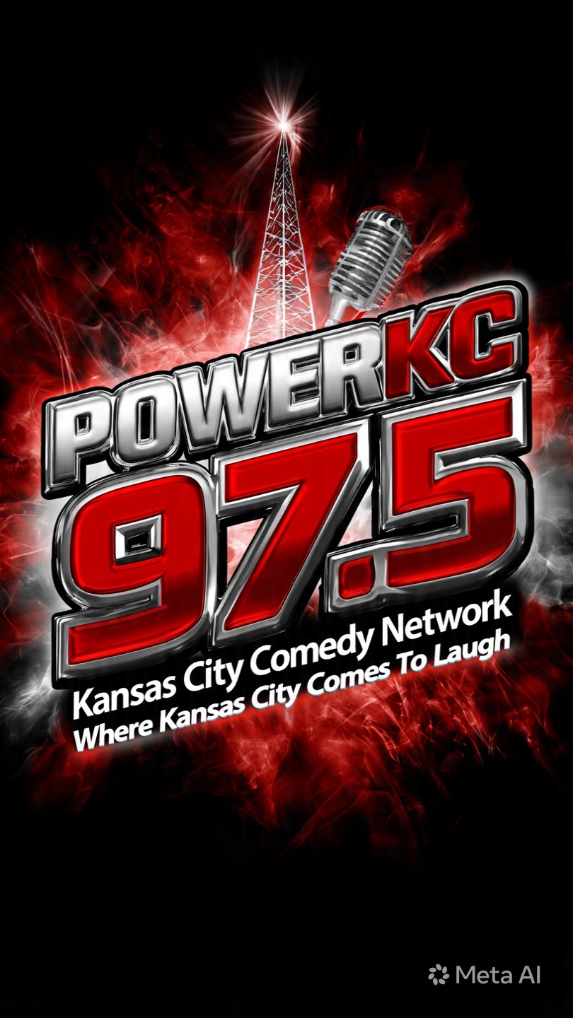 Radio station logo with microphone, radio tower, and red and black background, featuring text about Power KC 97.5.