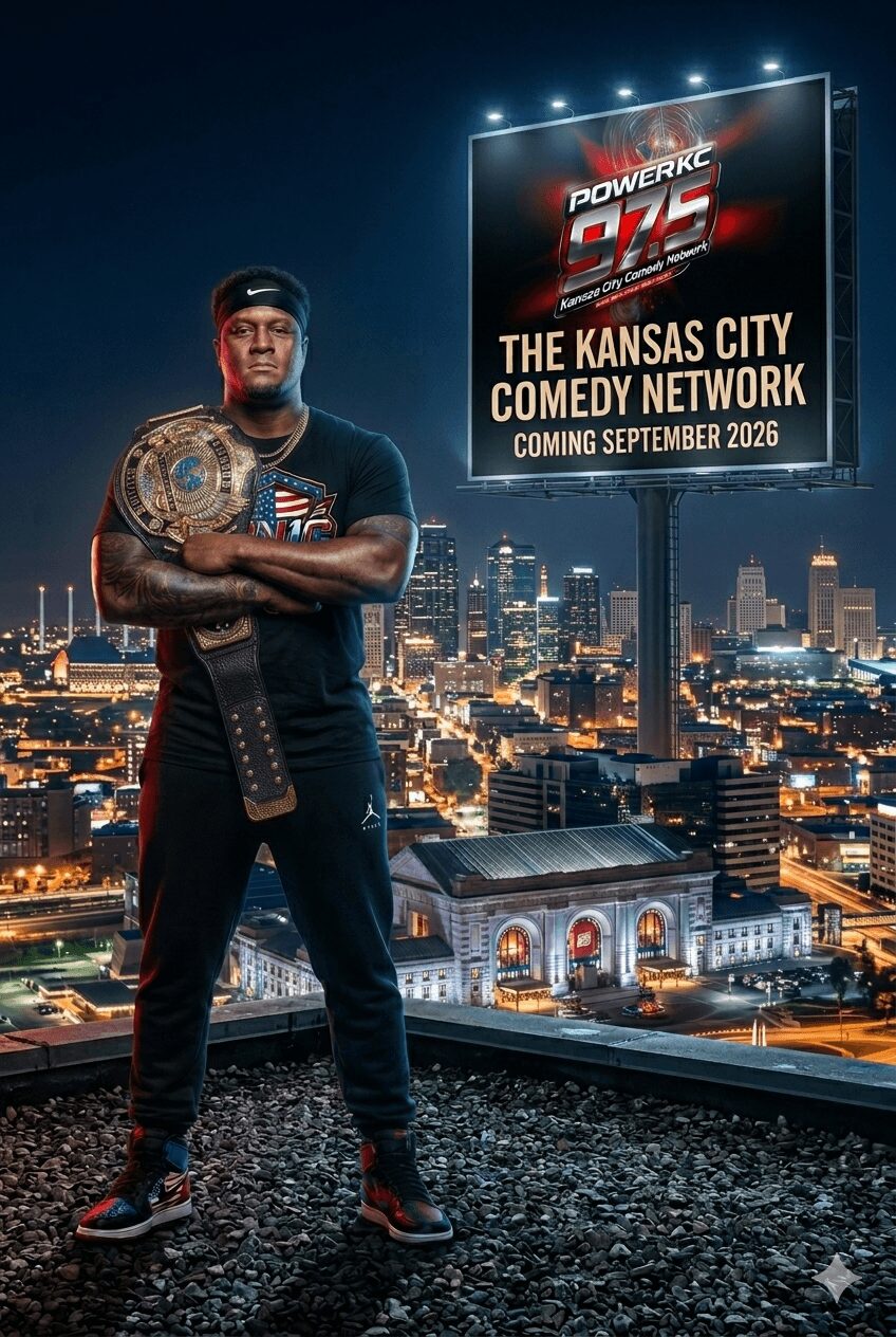 Man holding a championship belt on rooftop with city skyline and billboard in background.