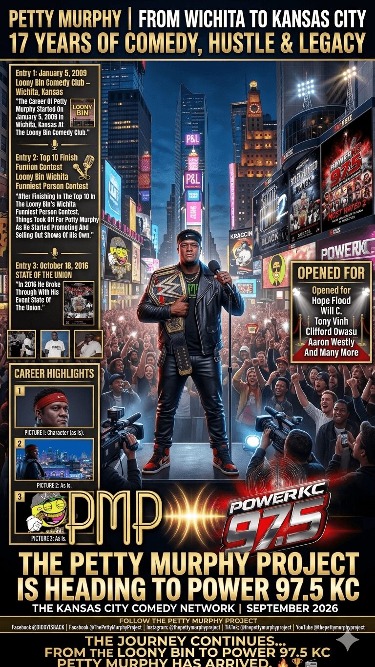 Poster of Petty Murphy standing in a city at night with bright lights, skyscrapers, and a motorcycle, promoting comedy and legacy.
