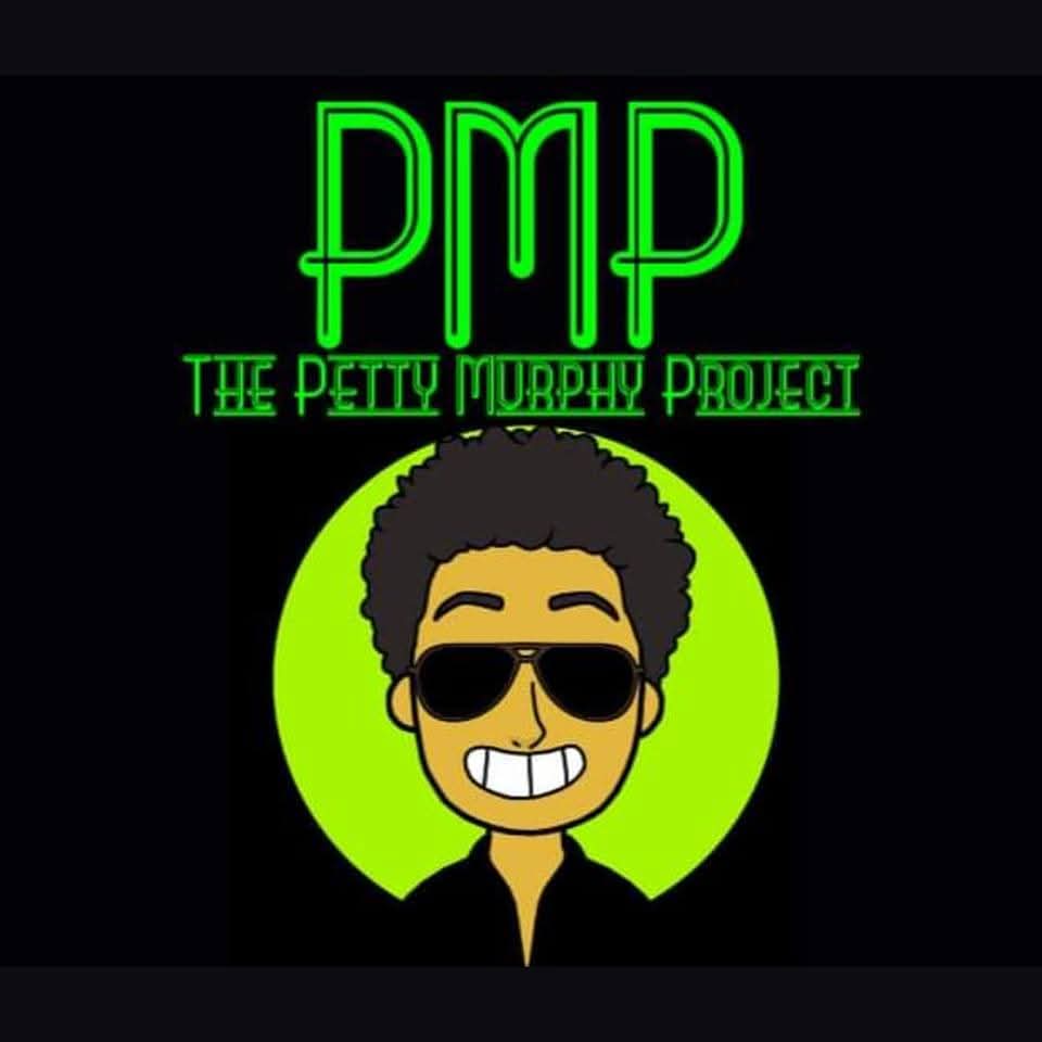 Logo with green text and a cartoon character wearing sunglasses, smiling, with a green circle background, and black clothing.
