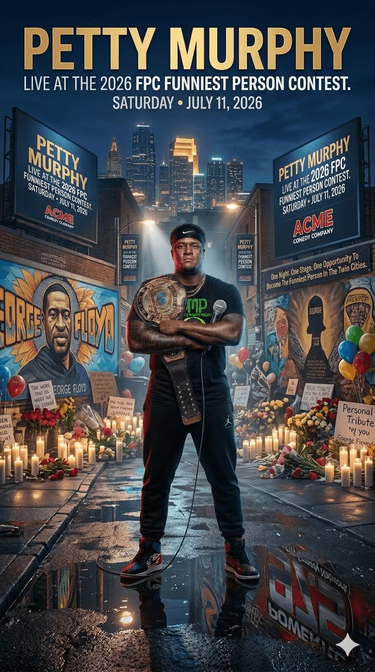 Person standing in city street at night with posters and balloons, illuminated by bright lights, holding a microphone, with a city skyline background.
