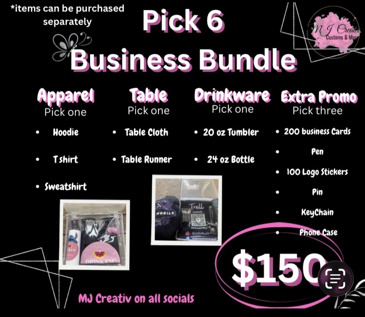 Business bundle offer with apparel, table, drinks, and extra promo items, priced at $150, includes various accessories and merchandise.