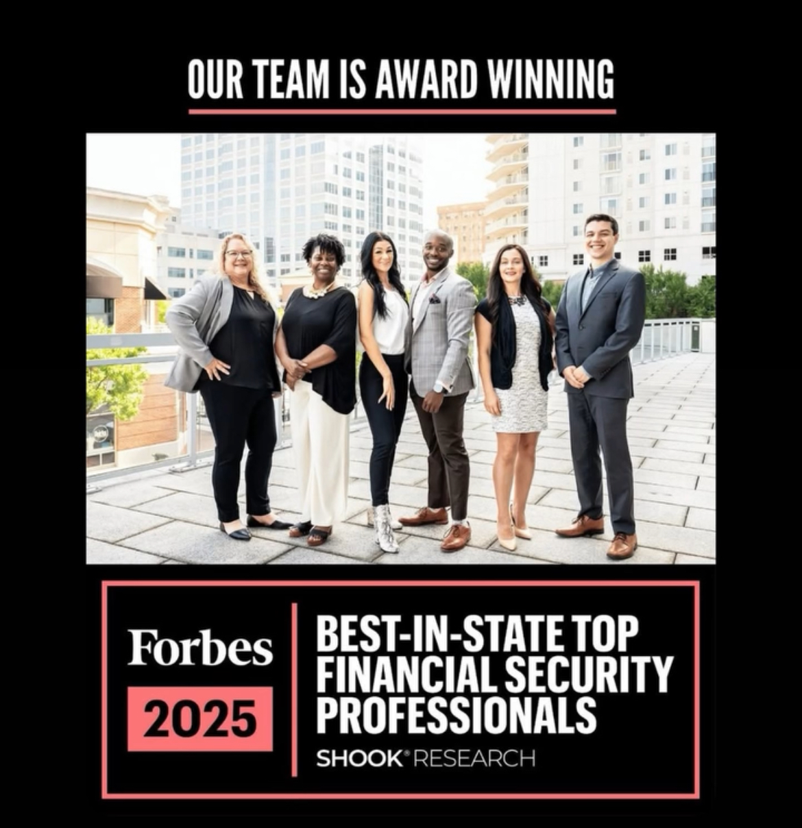 Group of six diverse professionals standing outdoors in cityscape, smiling, with text about team achievement and security professionals.