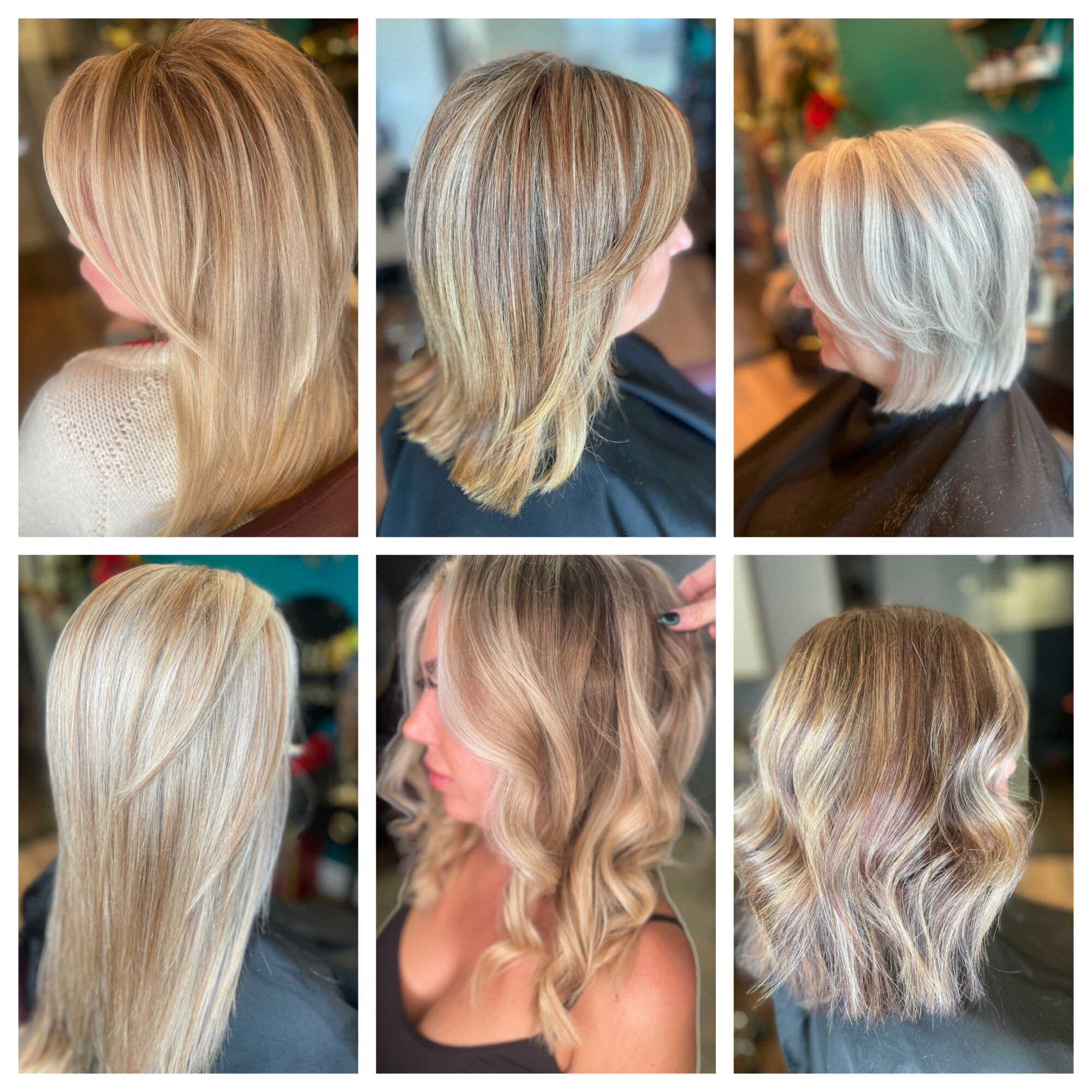 Six different hairstyles featuring blonde hair, including layered, wavy, and straight styles, in various haircuts and lengths.