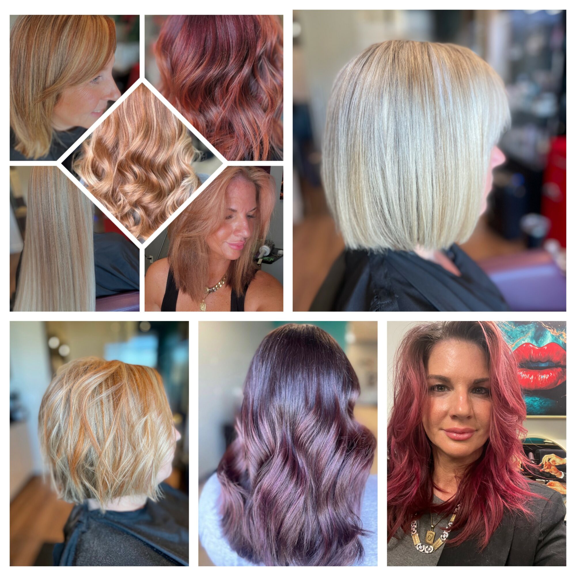 Collection of women with various colorful hairstyles, including blonde, purple, and red hair, in different angles and settings.