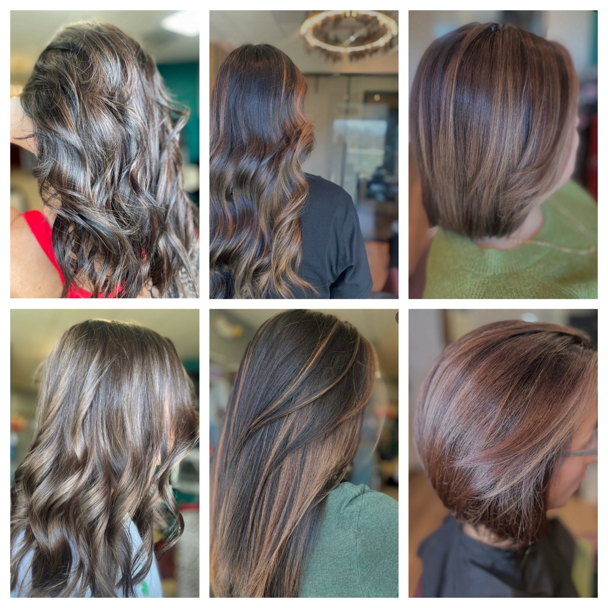 Six different hairstyles featuring various hair colors and cuts, including wavy, straight, and bob styles, with natural lighting.