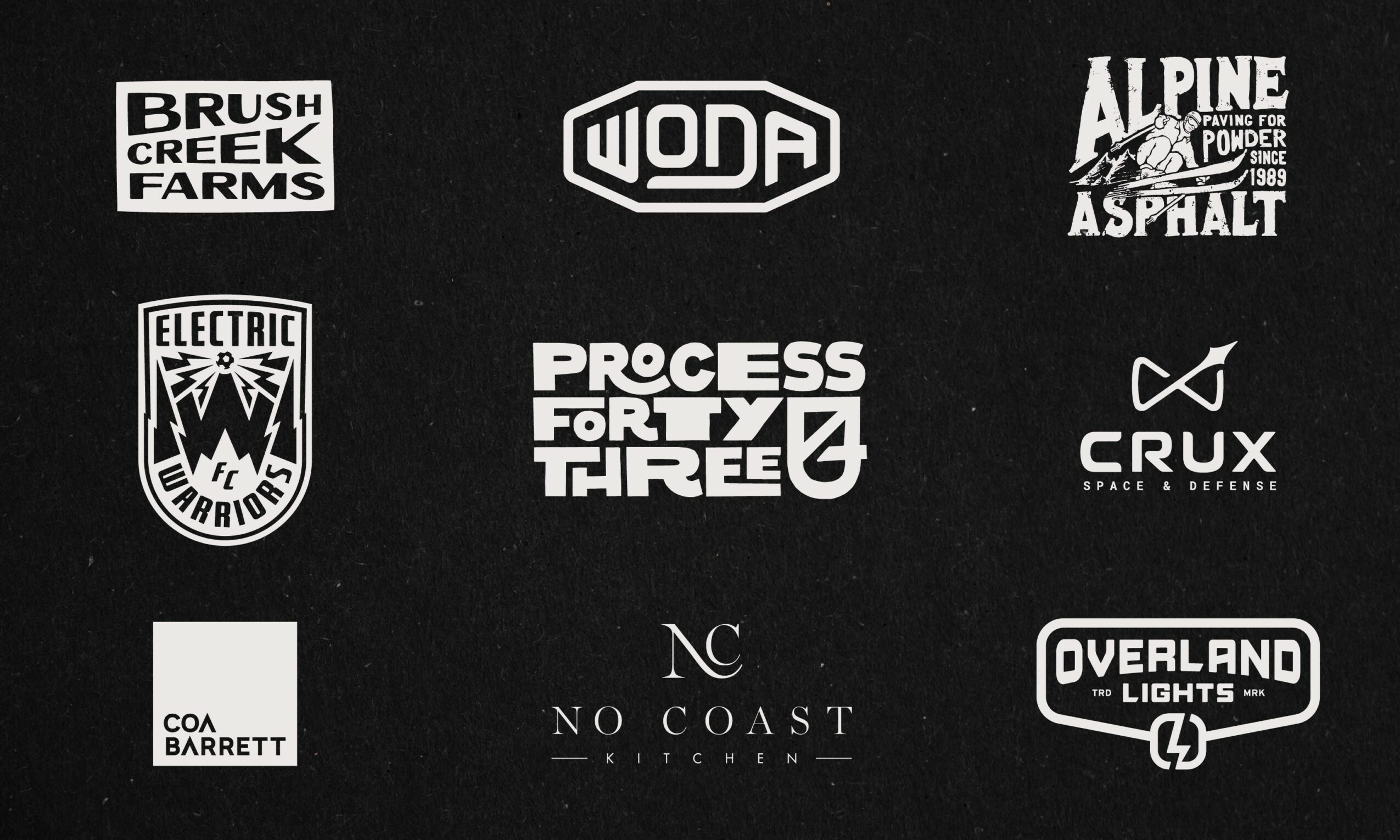Collection of black and white logos for various brands and organizations, including BRUSH CREEK FARMS, WODA, ALPINE ASPHALT, ELECTRIC WARRIORS, PROCESS FORTY FOUR THREE, CRUX, COA BARRETT, NO COAST, OVERLAND LIGHTS, with text and symbols.