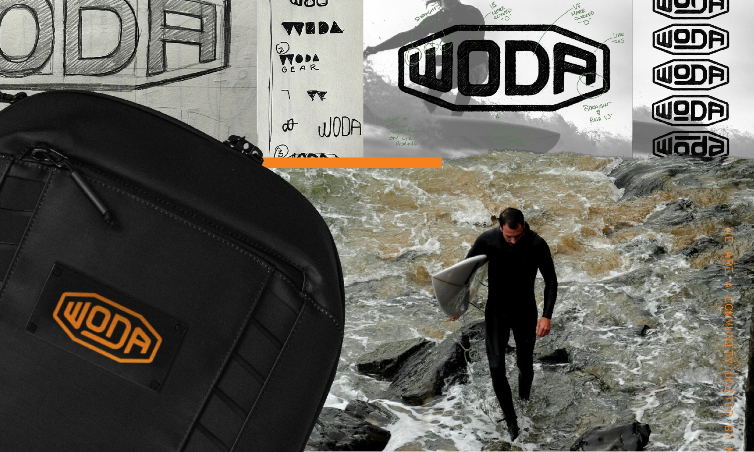 Person walking through water with a surfboard, large black bag with orange WODA logo in foreground, WODA logos in background.